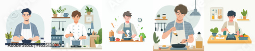 vector of young man cooking in the kitchen