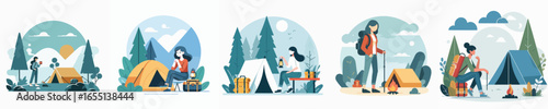 vector of young woman camping
