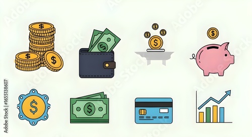 Financial icons representing money, savings, investments, and credit cards for business, finance, and economic growth