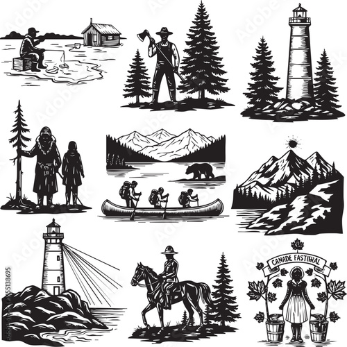 i need a kinds of different Canada life style victor art silhouette with white background