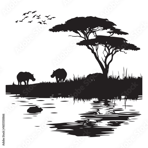 Silhouette Safari. African Savanna Wildlife with Elephant, Giraffe, and Trees