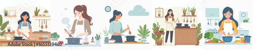 vector of woman cooking in the kitchen