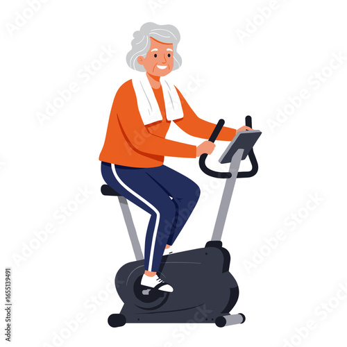 Senior woman riding an exercise bike at home, flat vector illustration, sportswear with towel on shoulders on white background