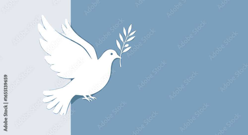 Obraz premium Dove silhouette with olive branch, minimal vector illustration in soft blue and white palette with copy space