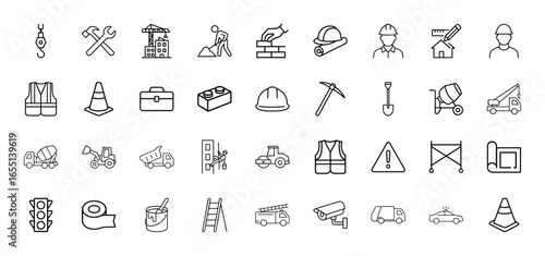 Construction and building line icon set. Vector pictograms of crane, helmet, worker, tools, trucks, blueprints, safety signs, and equipment, thin linear illustration.
