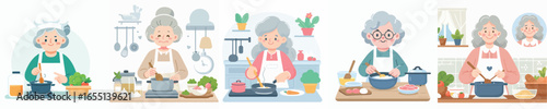 vector of grandmother cooking in the kitchen