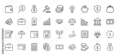 Finance line icon set. Vector pictograms of money, investment, banking, and security concepts, thin linear illustration.
