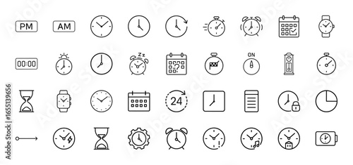 Time and scheduling line icon set. Vector pictograms of clocks, watches, calendars, hourglasses, stopwatches, alarm clocks, and time indicators, thin linear illustration.