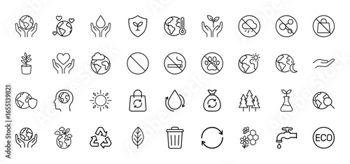 Environment line icon set. Vector pictograms of earth, plants, water, recycling, pollution, global warming, conservation, thin linear illustration.