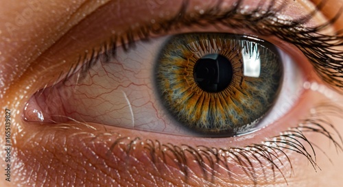 Extreme closeup of a human eye with green and brown iris and visible blood vessels