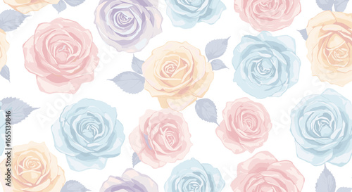 Hand-painted watercolor roses pattern, soft pastel tones with natural white space, delicate brushstrokes and realistic petal textures, airy elegant floral composition