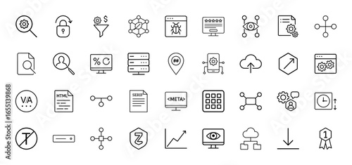 Technology and data processing line icon set. Vector pictograms of search, lock, funnel, network, bug, monitor, eye, document, server, cloud, gears, chart, and user, thin linear illustration.