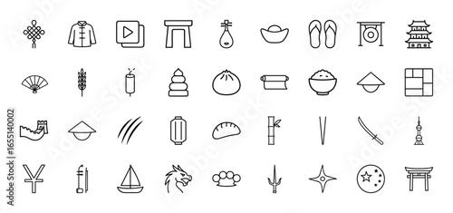 Chinese culture line icon set. Vector pictograms of knot, costume, pagoda, ingot, great wall, rice, bamboo, dragon, lantern, fan, chopsticks, archway, thin linear illustration.