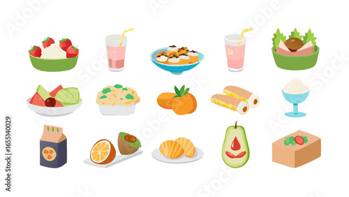 Assortment of colorful food items including fruits desserts and drinks displayed on white background