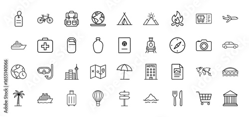 Travel and tourism line icon set. Vector pictograms of luggage, airplane, passport, map, hotel, and camera, thin linear illustration.