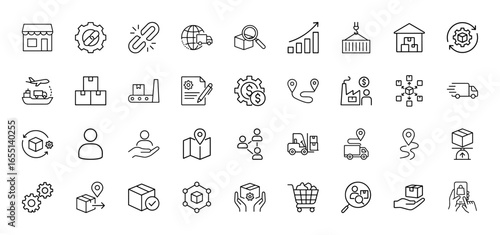 Logistics and supply chain line icon set. Vector pictograms of store, truck, warehouse, package, globe, factory, forklift, hands, map, shopping cart, container, thin linear illustration.