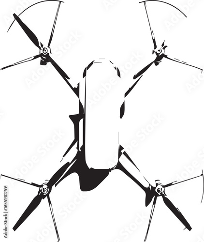 Black-and-white silhouette of a quadcopter drone with four propellers and elongated body—evokes flight and modern tech