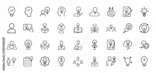 Innovation and idea line icon set. Vector pictograms of lightbulbs, heads, brains, users, hands, books, documents, gears, people, plants, laptops, briefcases, checklists, thin linear illustration.