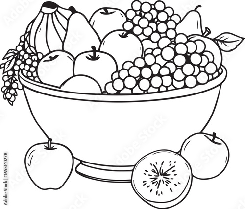 Black-and-white fruit bowl illustration with bananas, apples, pears, grapes, and sliced kiwi—educational coloring page