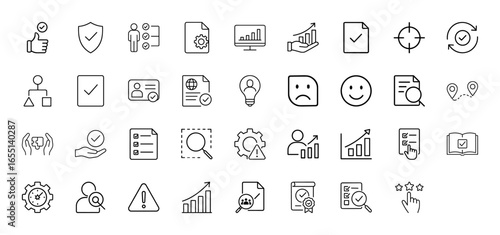 Business process and quality management line icon set. Vector pictograms of charts, documents, approvals, strategy, and user feedback, thin linear illustration.
