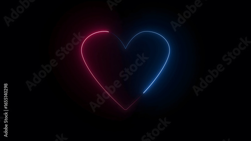Vibrant neon heart icon glowing with striking red and blue light, symbolizing love, digital connection, and modern romance against a deep black background.