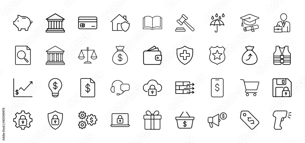 Universal business line icon set. Vector pictograms of piggy bank, credit card, scales, money bag, firewall, laptop, and shopping cart, thin linear illustration. Universal business line icon set. Vector pictograms of piggy bank, credit card, scales, money bag, firewall, laptop, and shopping cart, thin linear illustration.