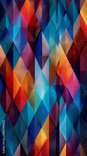 Colorful Geometric Pattern With Diamonds in Shades of Blue, Red, Yellow, Orange.
