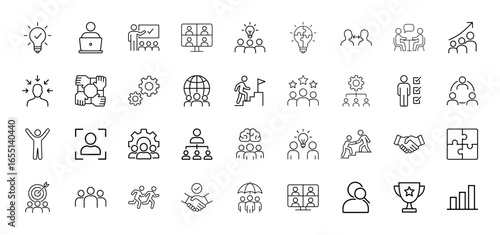 Business and team line icon set. Vector pictograms of lightbulb, teamwork, handshake, climbing stairs, trophy, bar chart, video conference, and organization chart, thin linear illustration.
