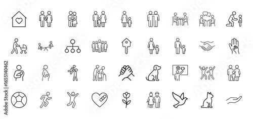 Family and social line icon set. Vector pictograms of couples, children, groups, homes, pets, hearts, handshakes, elderly, activities, thin linear illustration.