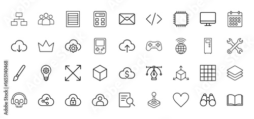User interface and technology line icon set. Vector pictograms of cloud, microchip, monitor, calendar, email, wrench, paintbrush, and book, thin linear illustration.