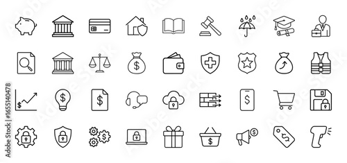 Universal business line icon set. Vector pictograms of piggy bank, credit card, scales, money bag, firewall, laptop, and shopping cart, thin linear illustration.