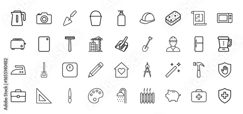 General line icon set. Vector pictograms of kettle, camera, helmet, blueprint, toaster, construction, refrigerator, hammer, briefcase, palette, shower, and first aid kit, thin linear illustration.