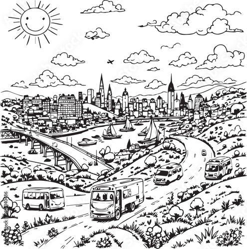 Wallpaper Mural Whimsical black-and-white cityscape with smiling sun, bridge, boats, vehicles, and airplane—educational coloring page Torontodigital.ca