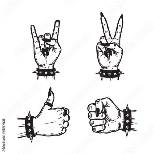 Black and White Hand Gesture Vector Set – Rock On, Peace, Thumbs Up, Fist with Spiked Wristbands
