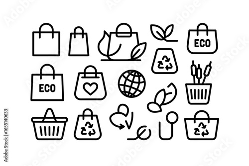 Eco Friendly Shopping and Sustainability Icons Set Promoting Green Initiatives and Environmental Consciousness for a Sustainable Future