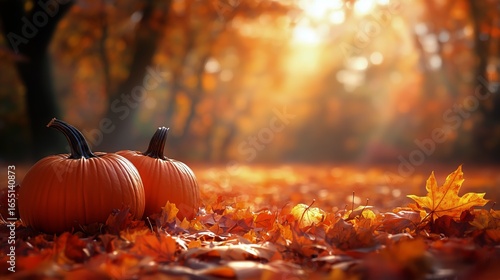 Autumn Pumpkins Surrounded by Colorful Leaves in a Sunny Forest Clearing at S...