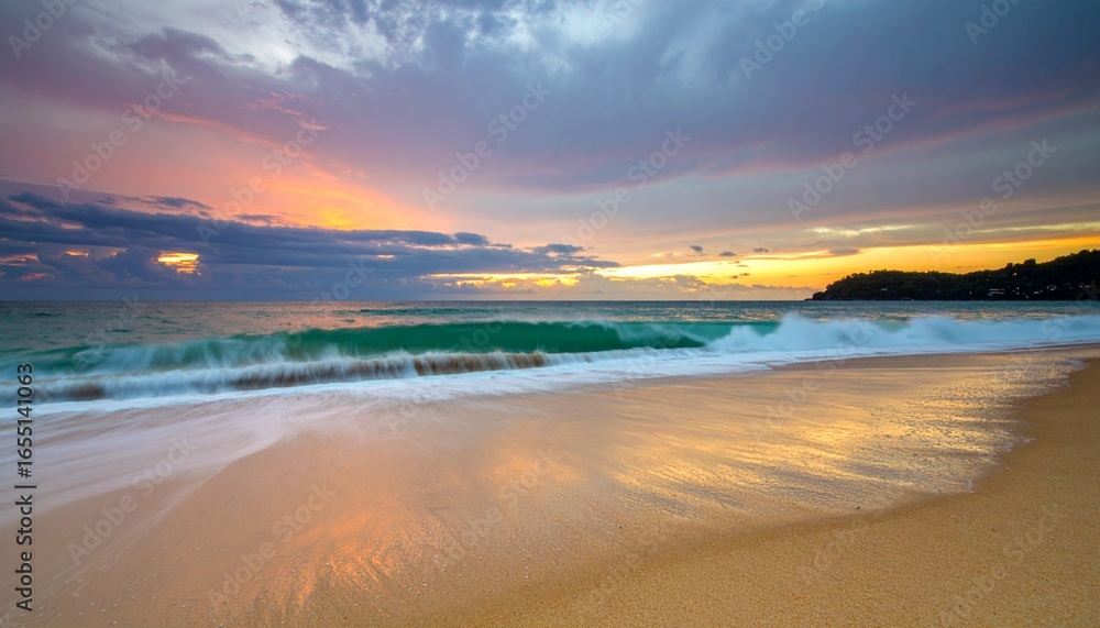 Obraz premium Ocean waves gently washing onto sandy beach at sunset, soothing colors and soundscape reflecting relaxation and mindful healing