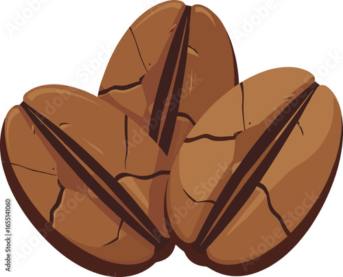 Three cracked coffee beans stacked on a light background
