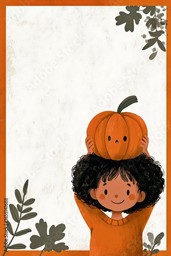 Child Happily Holds a Smiling Pumpkin Above Her Head in Autumn Attire During ...