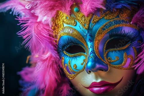 Colorful Masquerade Mask With Vibrant Feathers Displayed Against a Dark Backg...