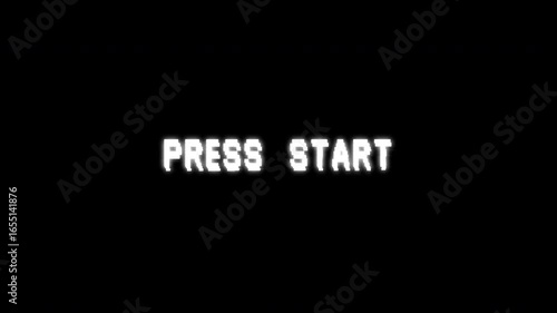 Pixelated press start text glitch with glow effect on black background