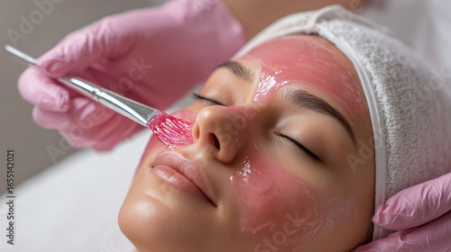 Cosmetologist applying the a jelly mask on a woman face in beauty spa center, Rejuvenating spa facial, Peeling beauty treatment, Facial treatment, Skin care concept
