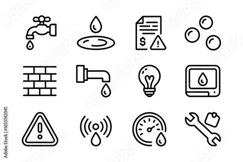 Water and Utility Icons Collection Black and White Simple Line Drawing Style Representing Water Costs and Resources