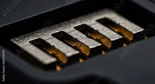 Extreme closeup of metallic SIM card connector pins in a black slot