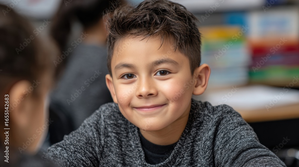 A charming young student radiates pure joy, his captivating smile illuminating the classroom setting. A charming young student radiates pure joy, his captivating smile illuminating the classroom setting.