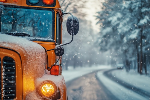 Snow-covered School Bus Waits Patiently on Snowy Road During Winter Morning