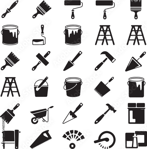 Home Renovation & Painting Tools Icons – Black and White Vector Set