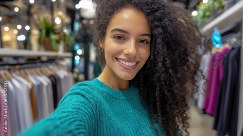 Joyful woman taking selfie at trendy fashion store surrounded by colorful clothes