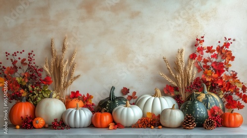Elegant Autumn Display With Colorful Pumpkins and Seasonal Foliage on a Rusti...