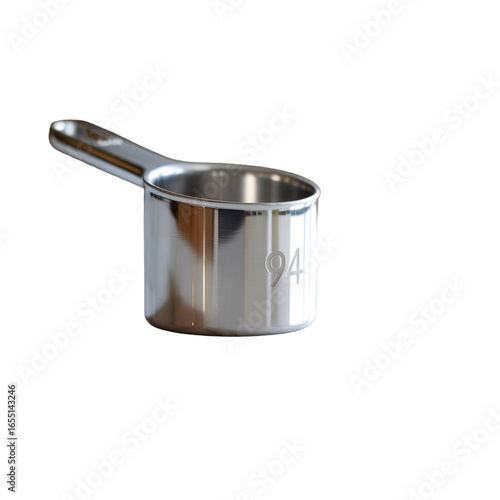 Silver measuring scoop with number 94 on black background